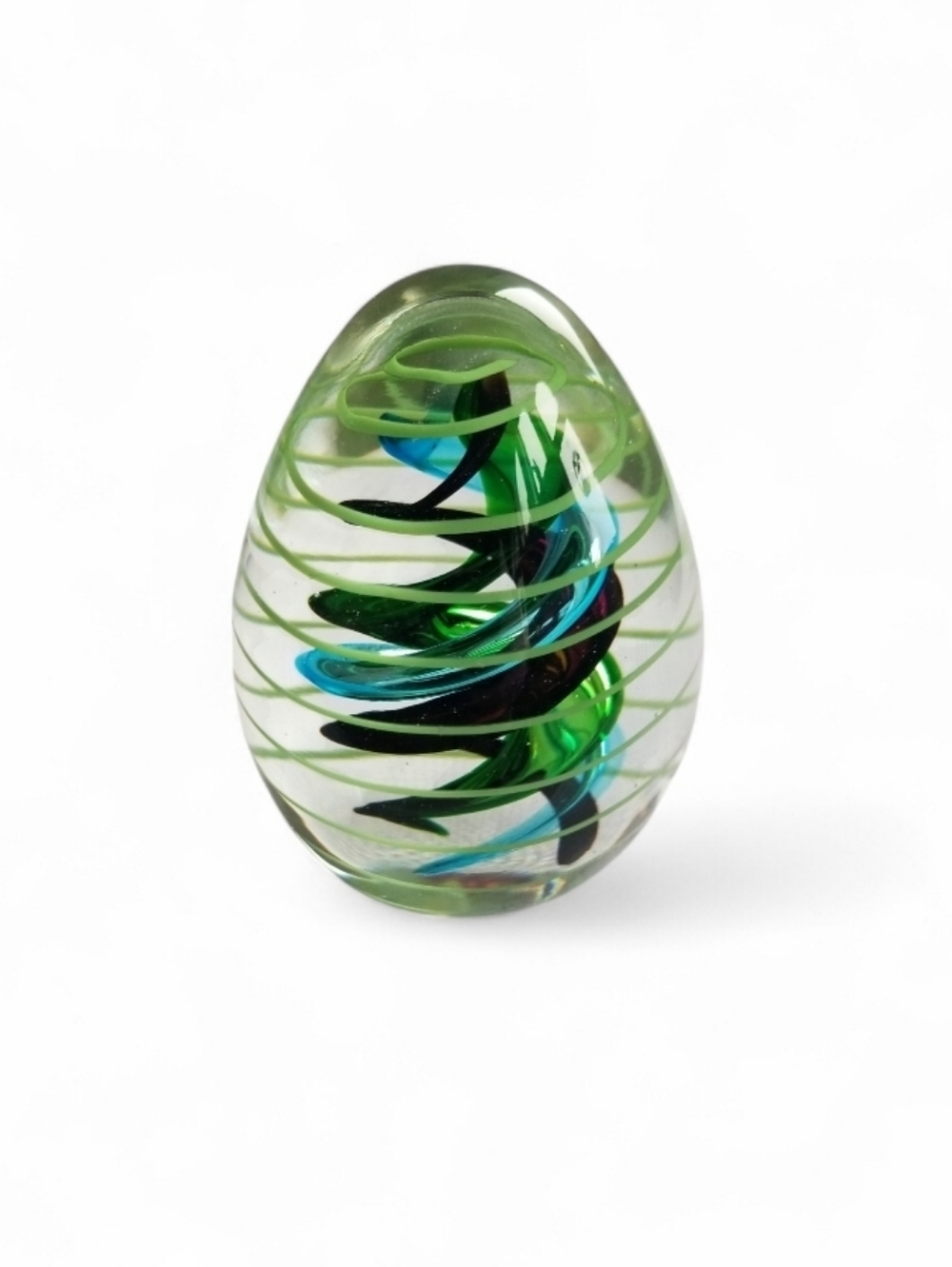 Vintage Hand Blown Art Glass Egg Shaped Paperweight w/ Green Blue Swirls